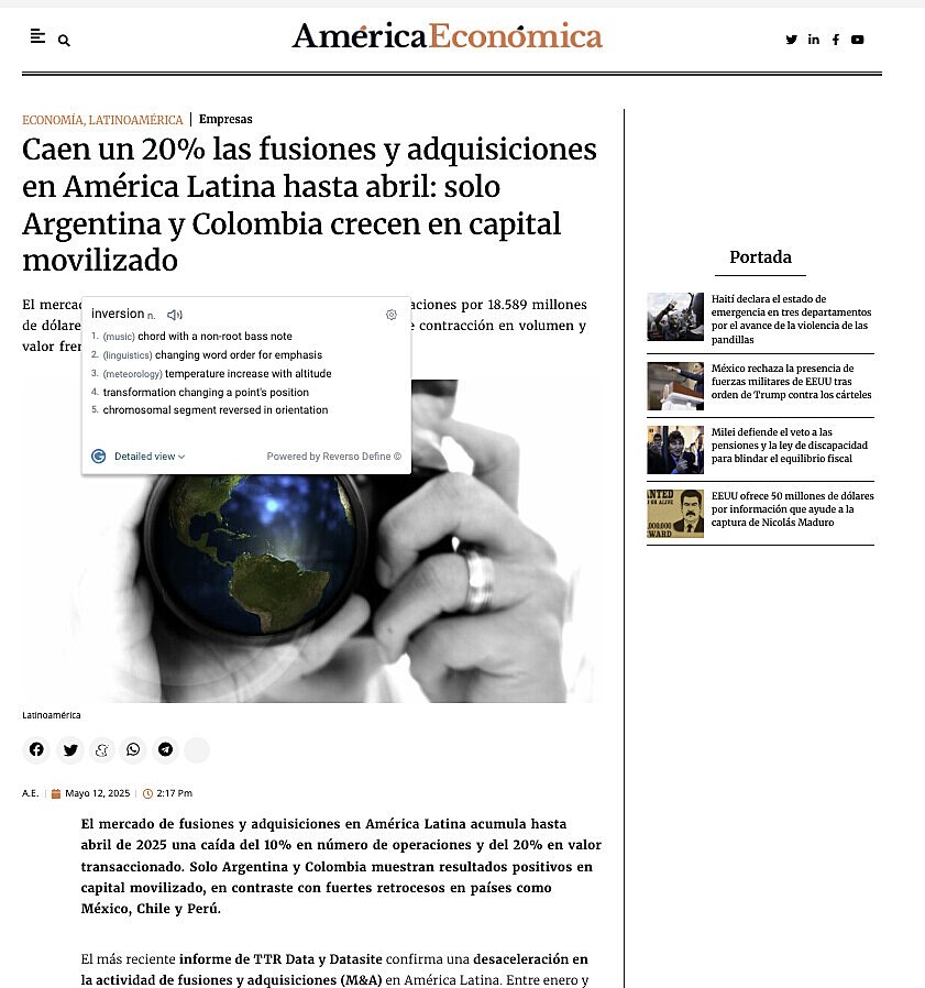 Caen un 20% las fusiones y adquisiciones en Amrica Latina hasta abril: solo Argentina y Colombia crecen en capital movilizado